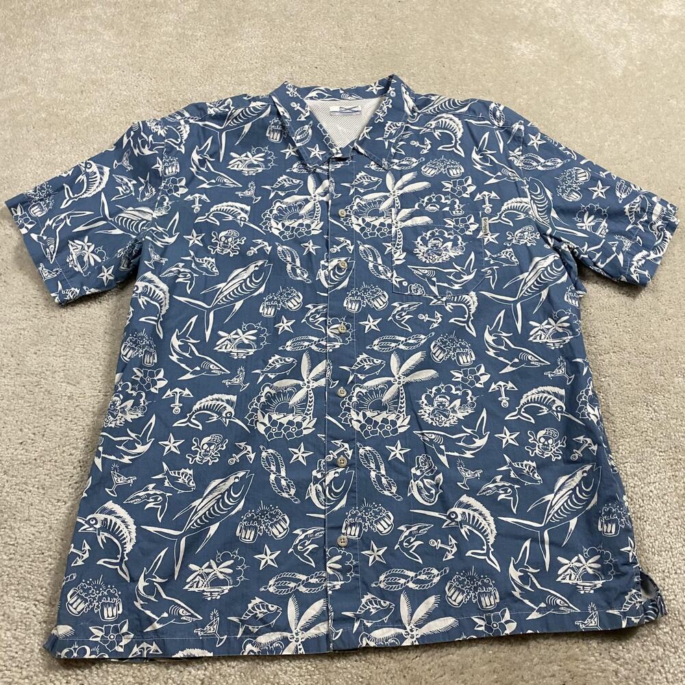 Columbia Shirt Mens XL Blue Hawaiian Fish AOP Vented Short Sleeve Button Up